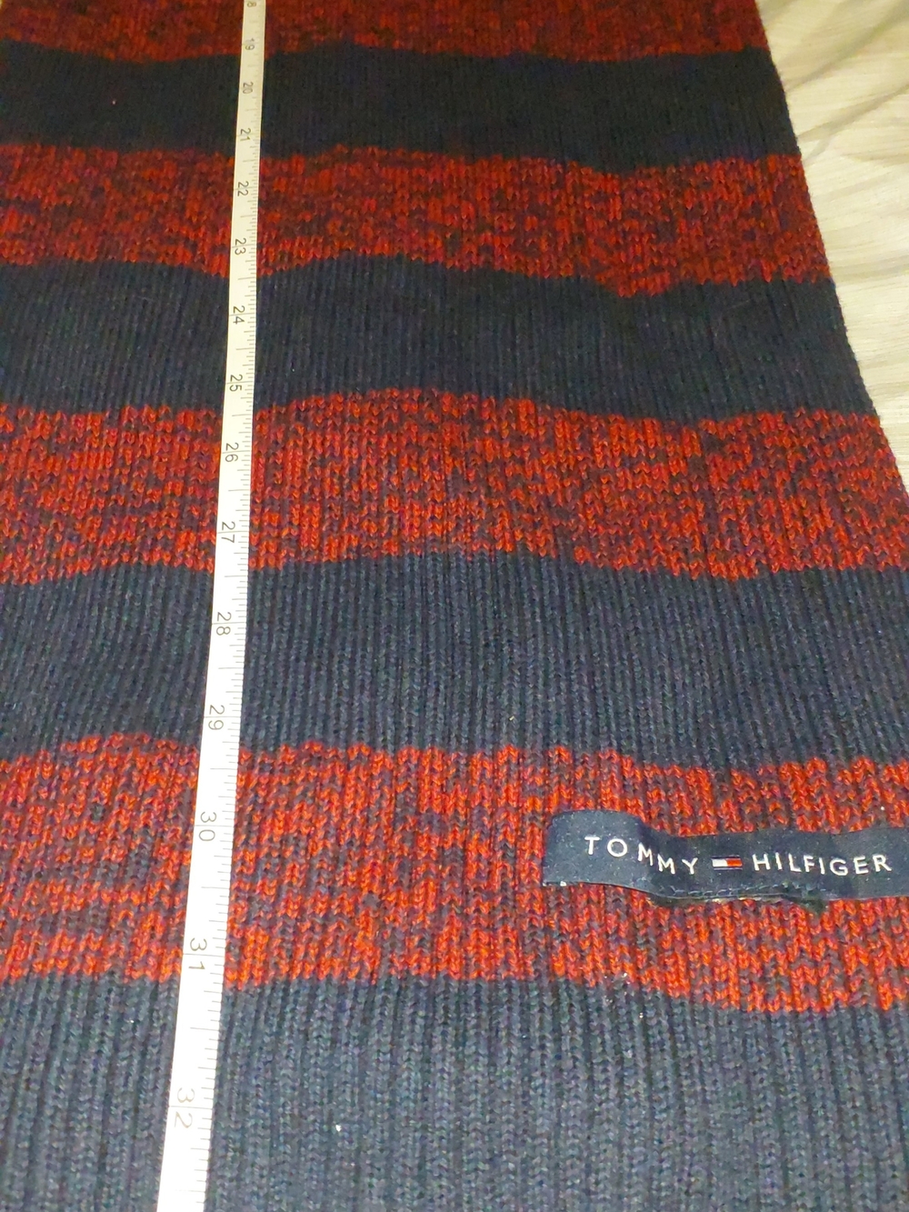 Tommy Hilfiger Red and Navy Striped Knit Scarf